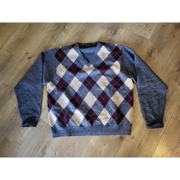 Brooks Brothers Mens V-Neck Argyle Sweater Gray Beige Burgundy XL